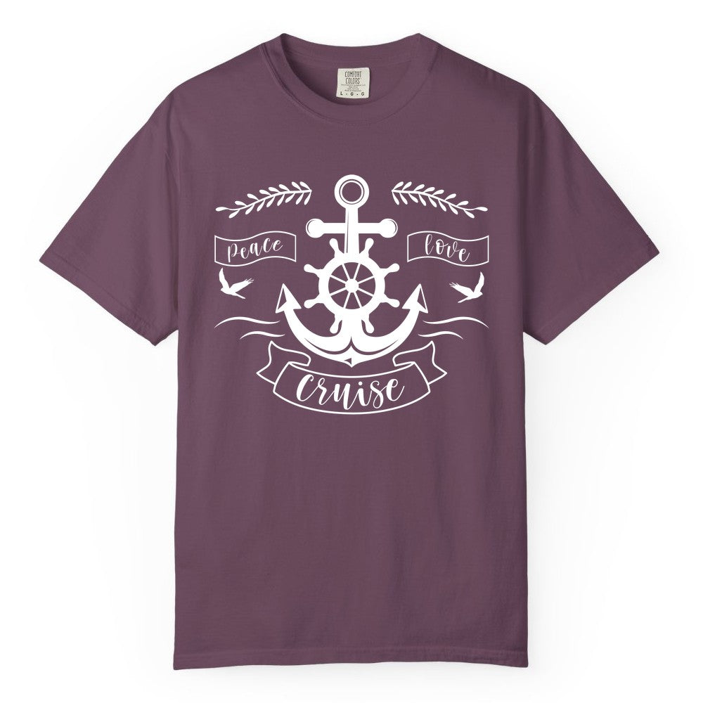 Peace Love Cruise Shirt - Nautical Theme Apparel for Vacation (Comfort Color) in Berry - Peace Love Cruise Shirt - Nautical Anchor and Wheel Line Art Design
