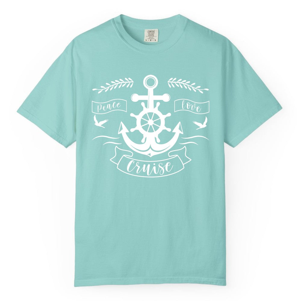 Peace Love Cruise Shirt - Nautical Theme Apparel for Vacation (Comfort Color) in Chalky Mint - Peace Love Cruise Shirt - Nautical Anchor and Wheel Line Art Design