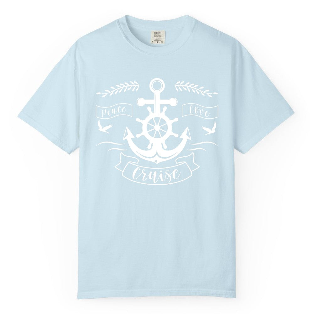 Peace Love Cruise Shirt - Nautical Theme Apparel for Vacation (Comfort Color) in Chambray - Peace Love Cruise Shirt - Nautical Anchor and Wheel Line Art Design