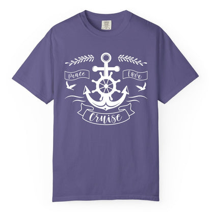 Peace Love Cruise Shirt - Nautical Theme Apparel for Vacation (Comfort Color) in Grape - Peace Love Cruise Shirt - Nautical Anchor and Wheel Line Art Design