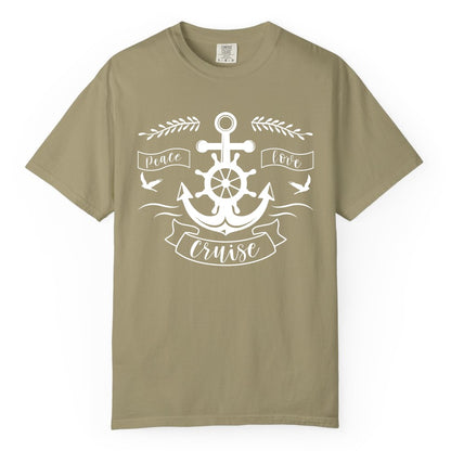 Peace Love Cruise Shirt - Nautical Theme Apparel for Vacation (Comfort Color) in Khaki - Peace Love Cruise Shirt - Nautical Anchor and Wheel Line Art Design