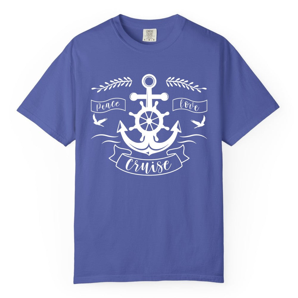 Peace Love Cruise Shirt - Nautical Theme Apparel for Vacation (Comfort Color) in Periwinkle - Peace Love Cruise Shirt - Nautical Anchor and Wheel Line Art Design