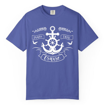 Peace Love Cruise Shirt - Nautical Theme Apparel for Vacation (Comfort Color) in Periwinkle - Peace Love Cruise Shirt - Nautical Anchor and Wheel Line Art Design