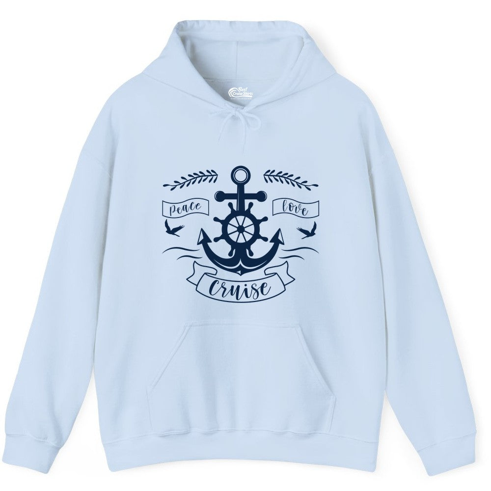 Peace Love Cruise Shirt - Nautical Theme Apparel for Vacation (Hoodie) in Light Blue - Peace Love Cruise Shirt - Nautical Anchor and Wheel Line Art Design