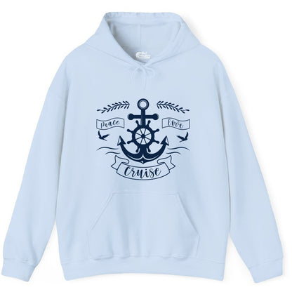 Peace Love Cruise Shirt - Nautical Theme Apparel for Vacation (Hoodie) in Light Blue - Peace Love Cruise Shirt - Nautical Anchor and Wheel Line Art Design