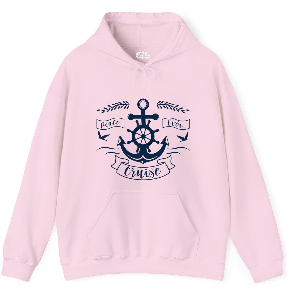 Peace Love Cruise Shirt - Nautical Theme Apparel for Vacation (Hoodie) in Light Pink - Peace Love Cruise Shirt - Nautical Anchor and Wheel Line Art Design