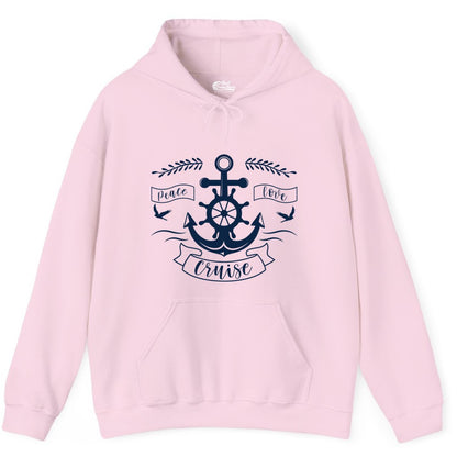 Peace Love Cruise Shirt - Nautical Theme Apparel for Vacation (Hoodie) in Light Pink - Peace Love Cruise Shirt - Nautical Anchor and Wheel Line Art Design