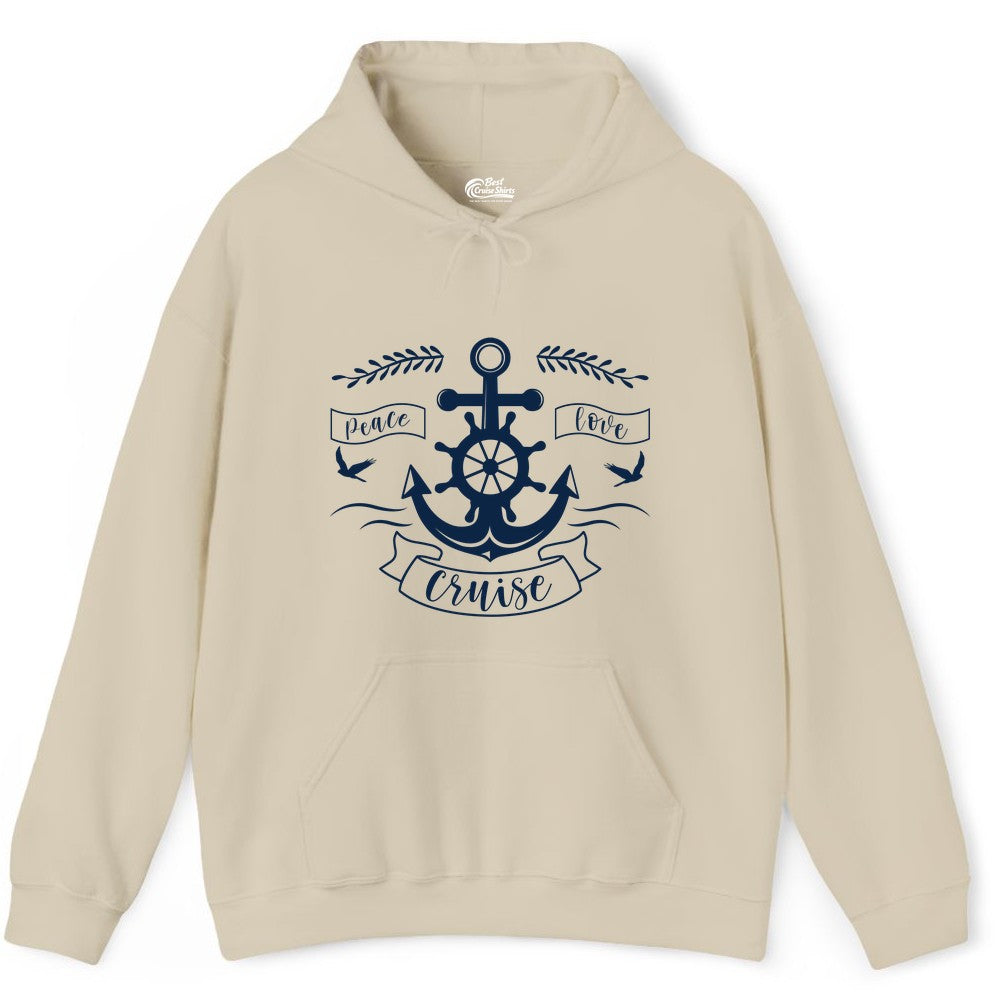 Peace Love Cruise Shirt - Nautical Theme Apparel for Vacation (Hoodie) in Sand - Peace Love Cruise Shirt - Nautical Anchor and Wheel Line Art Design