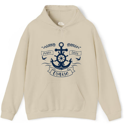 Peace Love Cruise Shirt - Nautical Theme Apparel for Vacation (Hoodie) in Sand - Peace Love Cruise Shirt - Nautical Anchor and Wheel Line Art Design