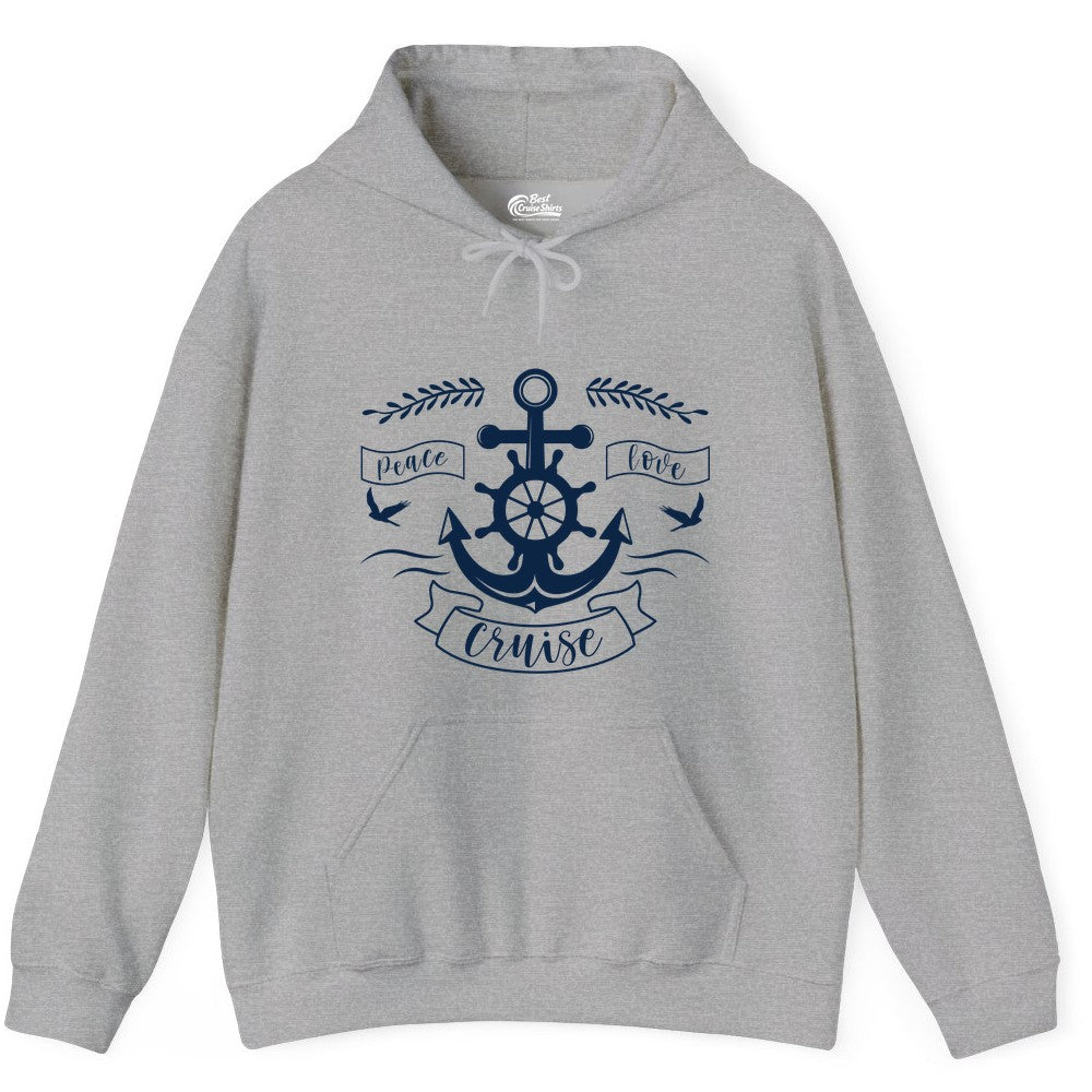 Peace Love Cruise Shirt - Nautical Theme Apparel for Vacation (Hoodie) in Sport Grey - Peace Love Cruise Shirt - Nautical Anchor and Wheel Line Art Design