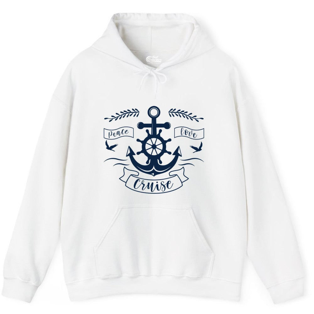 Peace Love Cruise Shirt - Nautical Theme Apparel for Vacation (Hoodie) in White - Peace Love Cruise Shirt - Nautical Anchor and Wheel Line Art Design