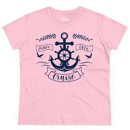 Peace Love Cruise Shirt - Nautical Theme Apparel for Vacation (Ladies Tee) in Light Pink - Peace Love Cruise Shirt - Nautical Anchor and Wheel Line Art Design