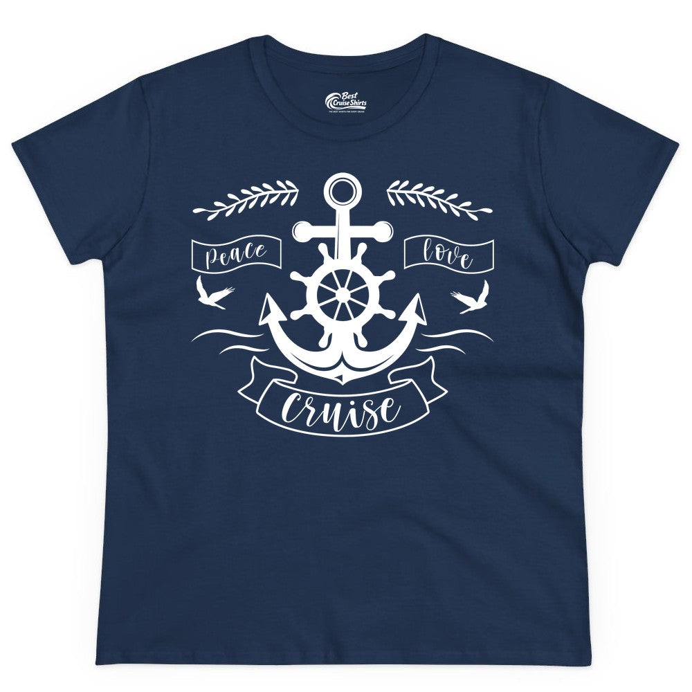 Peace Love Cruise Shirt - Nautical Theme Apparel for Vacation (Ladies Tee) in Navy - Peace Love Cruise Shirt - Nautical Anchor and Wheel Line Art Design