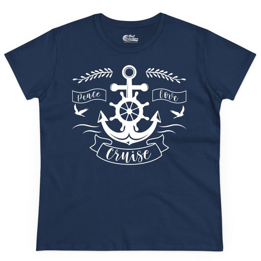Peace Love Cruise Shirt - Nautical Theme Apparel for Vacation (Ladies Tee) in Navy - Peace Love Cruise Shirt - Nautical Anchor and Wheel Line Art Design
