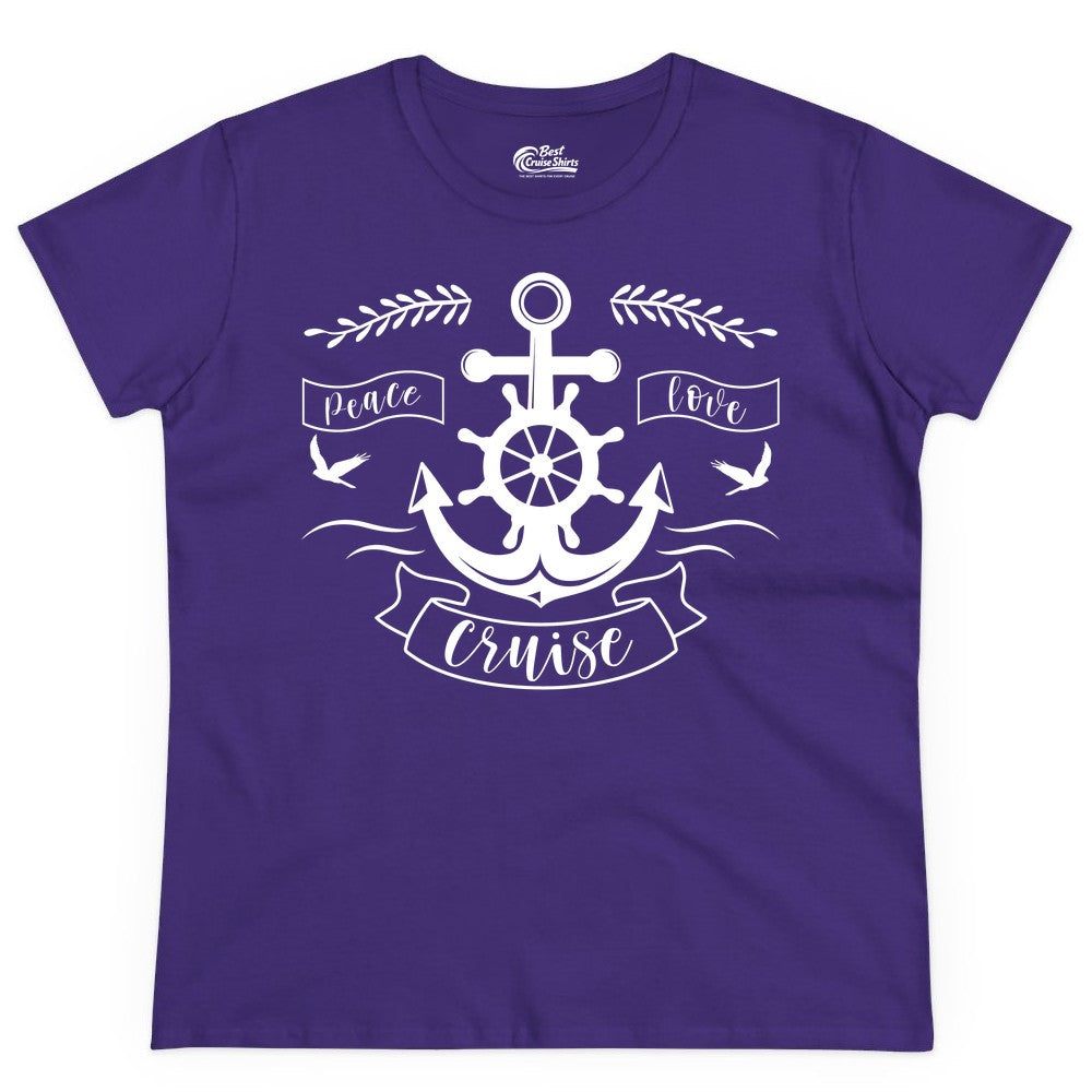 Peace Love Cruise Shirt - Nautical Theme Apparel for Vacation (Ladies Tee) in Purple - Peace Love Cruise Shirt - Nautical Anchor and Wheel Line Art Design