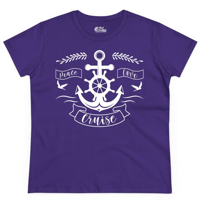 Peace Love Cruise Shirt - Nautical Theme Apparel for Vacation (Ladies Tee) in Purple - Peace Love Cruise Shirt - Nautical Anchor and Wheel Line Art Design