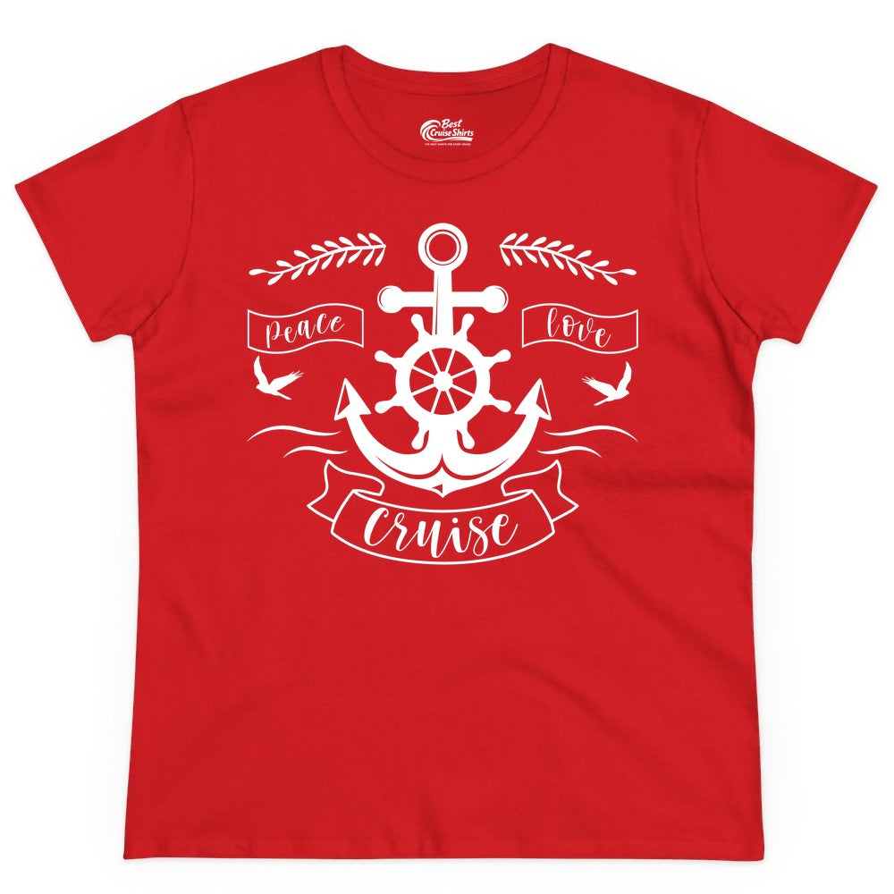 Peace Love Cruise Shirt - Nautical Theme Apparel for Vacation (Ladies Tee) in Red - Peace Love Cruise Shirt - Nautical Anchor and Wheel Line Art Design