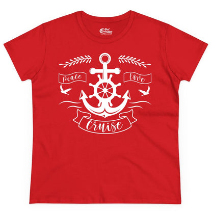 Peace Love Cruise Shirt - Nautical Theme Apparel for Vacation (Ladies Tee) in Red - Peace Love Cruise Shirt - Nautical Anchor and Wheel Line Art Design