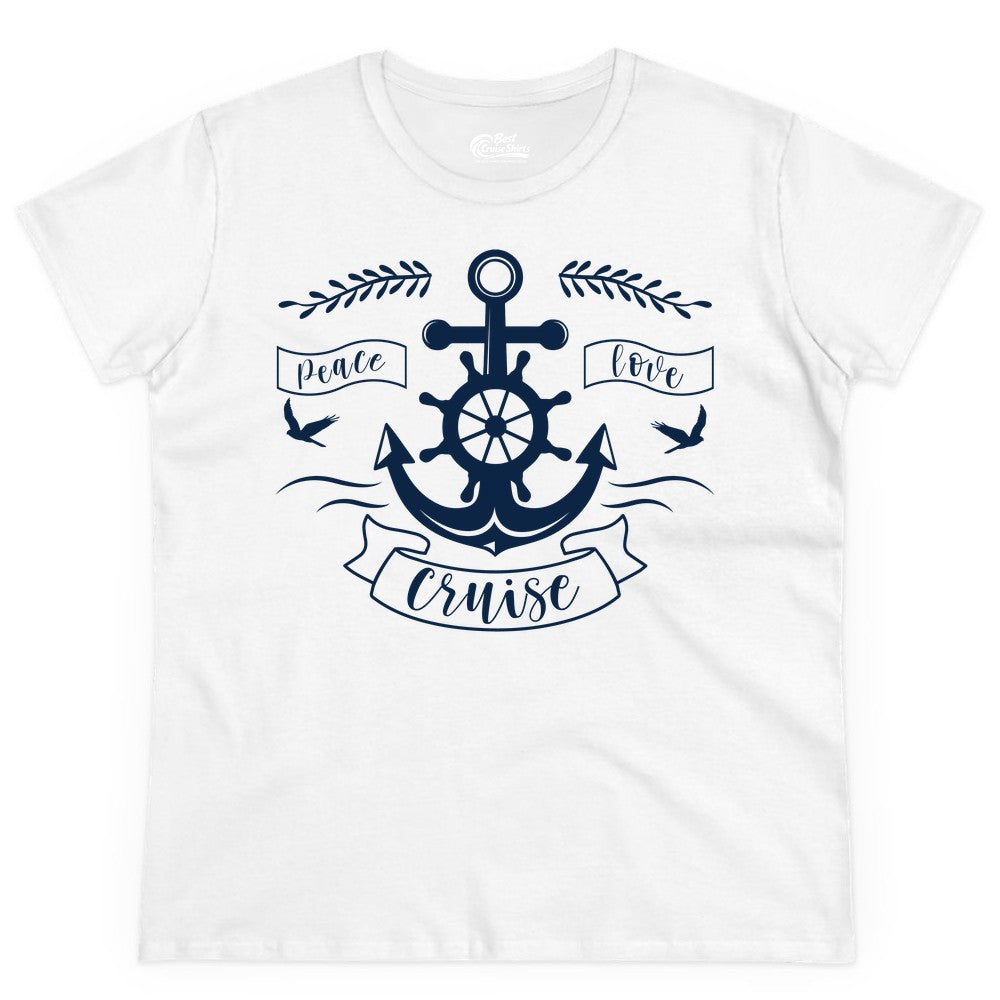 Peace Love Cruise Shirt - Nautical Theme Apparel for Vacation (Ladies Tee) in White - Peace Love Cruise Shirt - Nautical Anchor and Wheel Line Art Design