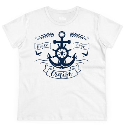Peace Love Cruise Shirt - Nautical Theme Apparel for Vacation (Ladies Tee) in White - Peace Love Cruise Shirt - Nautical Anchor and Wheel Line Art Design