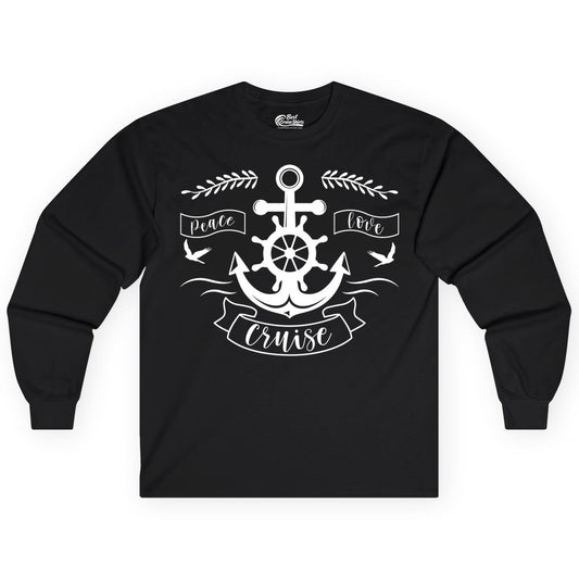 Peace Love Cruise Shirt - Nautical Theme Apparel for Vacation (Long Sleeve) in Black - Peace Love Cruise Shirt - Nautical Anchor and Wheel Line Art Design