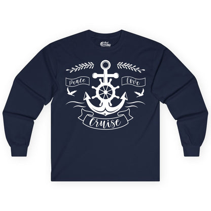 Peace Love Cruise Shirt - Nautical Theme Apparel for Vacation (Long Sleeve) in Navy - Peace Love Cruise Shirt - Nautical Anchor and Wheel Line Art Design