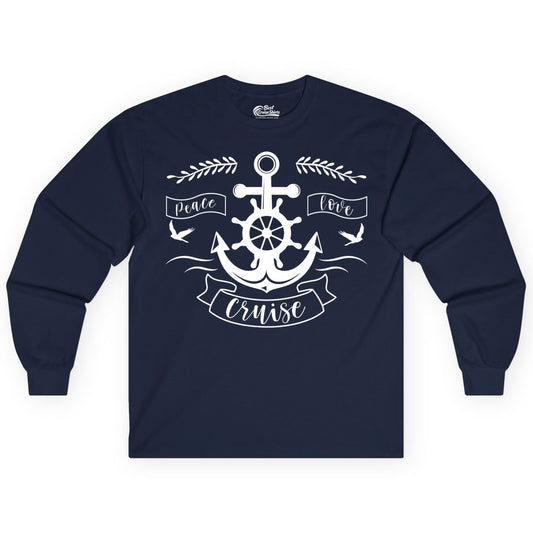 Peace Love Cruise Shirt - Nautical Theme Apparel for Vacation (Long Sleeve) in Navy - Peace Love Cruise Shirt - Nautical Anchor and Wheel Line Art Design