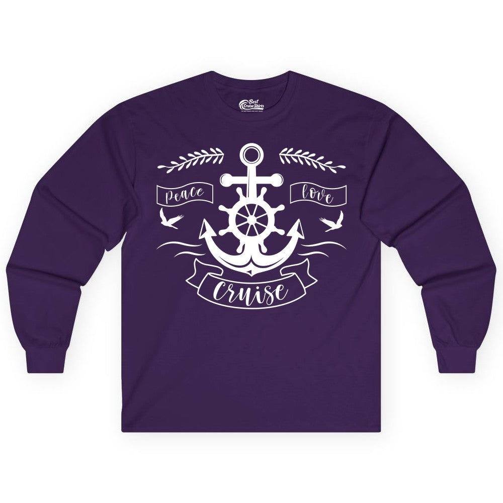 Peace Love Cruise Shirt - Nautical Theme Apparel for Vacation (Long Sleeve) in Purple - Peace Love Cruise Shirt - Nautical Anchor and Wheel Line Art Design