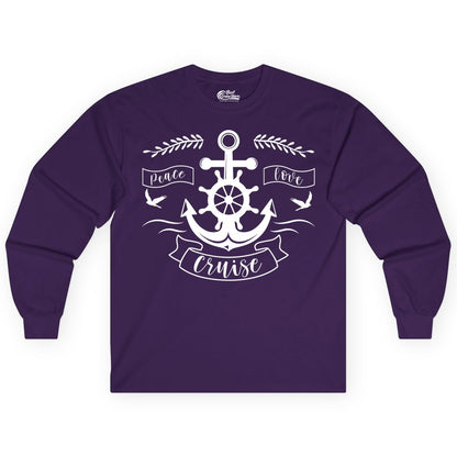 Peace Love Cruise Shirt - Nautical Theme Apparel for Vacation (Long Sleeve) in Purple - Peace Love Cruise Shirt - Nautical Anchor and Wheel Line Art Design