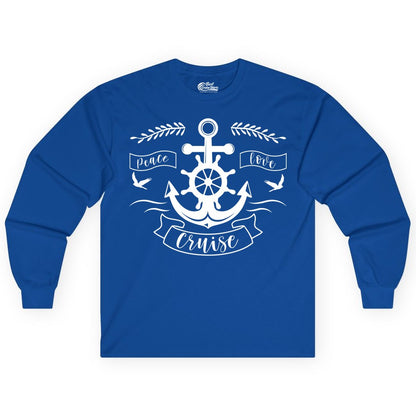 Peace Love Cruise Shirt - Nautical Theme Apparel for Vacation (Long Sleeve) in Royal - Peace Love Cruise Shirt - Nautical Anchor and Wheel Line Art Design