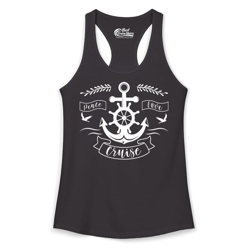 Peace Love Cruise Shirt - Nautical Theme Apparel for Vacation (Ladies Tank) in Black - Peace Love Cruise Shirt - Nautical Anchor and Wheel Line Art Design