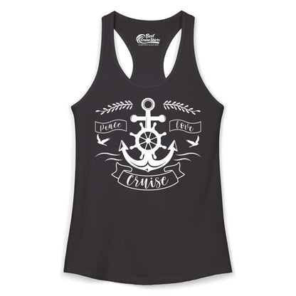 Peace Love Cruise Shirt - Nautical Theme Apparel for Vacation (Ladies Tank) in Black - Peace Love Cruise Shirt - Nautical Anchor and Wheel Line Art Design