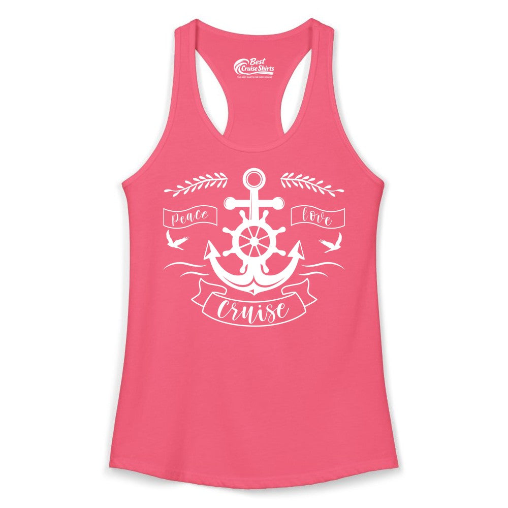 Peace Love Cruise Shirt - Nautical Theme Apparel for Vacation (Ladies Tank) in Hot Pink - Peace Love Cruise Shirt - Nautical Anchor and Wheel Line Art Design