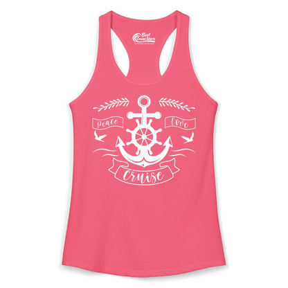 Peace Love Cruise Shirt - Nautical Theme Apparel for Vacation (Ladies Tank) in Hot Pink - Peace Love Cruise Shirt - Nautical Anchor and Wheel Line Art Design