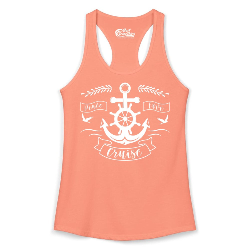 Peace Love Cruise Shirt - Nautical Theme Apparel for Vacation (Ladies Tank) in Solid Light Orange - Peace Love Cruise Shirt - Nautical Anchor and Wheel Line Art Design