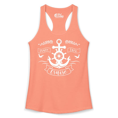 Peace Love Cruise Shirt - Nautical Theme Apparel for Vacation (Ladies Tank) in Solid Light Orange - Peace Love Cruise Shirt - Nautical Anchor and Wheel Line Art Design