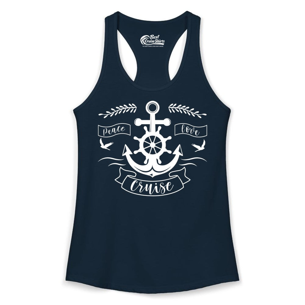 Peace Love Cruise Shirt - Nautical Theme Apparel for Vacation (Ladies Tank) in Solid Midnight Navy - Peace Love Cruise Shirt - Nautical Anchor and Wheel Line Art Design