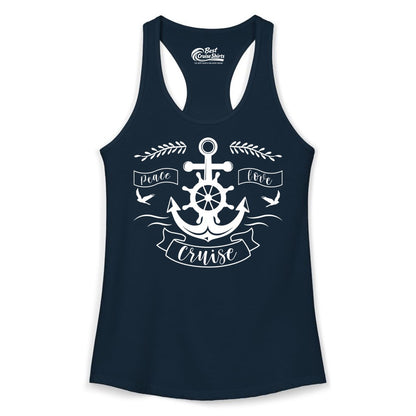 Peace Love Cruise Shirt - Nautical Theme Apparel for Vacation (Ladies Tank) in Solid Midnight Navy - Peace Love Cruise Shirt - Nautical Anchor and Wheel Line Art Design
