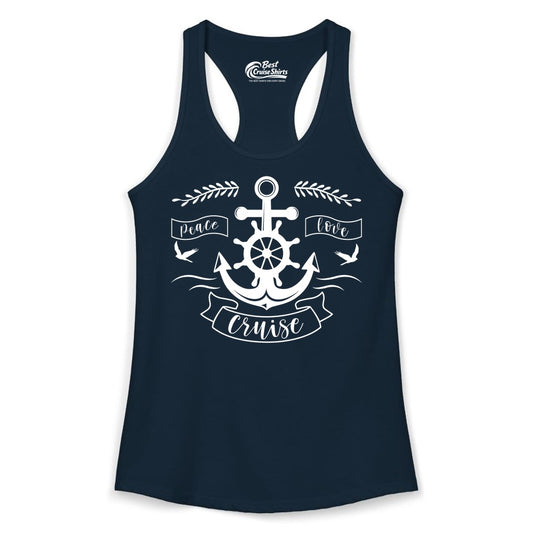 Peace Love Cruise Shirt - Nautical Theme Apparel for Vacation (Ladies Tank) in Solid Midnight Navy - Peace Love Cruise Shirt - Nautical Anchor and Wheel Line Art Design