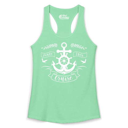 Peace Love Cruise Shirt - Nautical Theme Apparel for Vacation (Ladies Tank) in Solid Mint - Peace Love Cruise Shirt - Nautical Anchor and Wheel Line Art Design