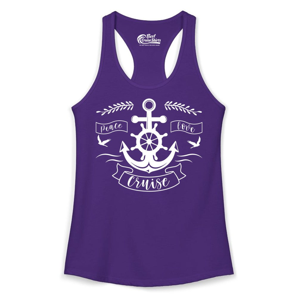 Peace Love Cruise Shirt - Nautical Theme Apparel for Vacation (Ladies Tank) in Solid Purple Rush - Peace Love Cruise Shirt - Nautical Anchor and Wheel Line Art Design