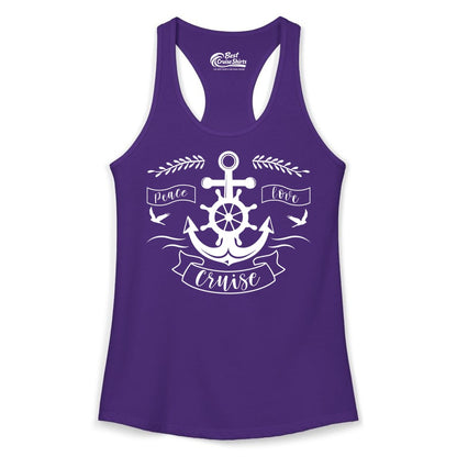 Peace Love Cruise Shirt - Nautical Theme Apparel for Vacation (Ladies Tank) in Solid Purple Rush - Peace Love Cruise Shirt - Nautical Anchor and Wheel Line Art Design