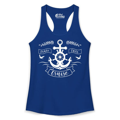 Peace Love Cruise Shirt - Nautical Theme Apparel for Vacation (Ladies Tank) in Solid Royal - Peace Love Cruise Shirt - Nautical Anchor and Wheel Line Art Design