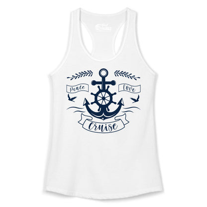 Peace Love Cruise Shirt - Nautical Theme Apparel for Vacation (Ladies Tank) in White - Peace Love Cruise Shirt - Nautical Anchor and Wheel Line Art Design
