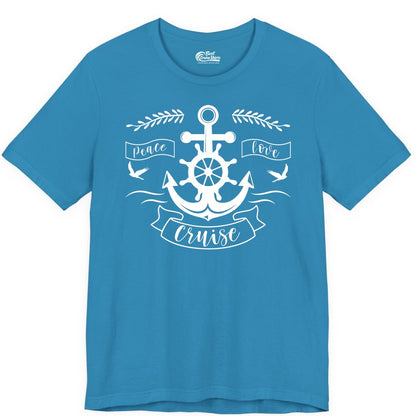 Peace Love Cruise Shirt - Nautical Theme Apparel for Vacation (Premium Tee) in Aqua - Peace Love Cruise Shirt - Nautical Anchor and Wheel Line Art Design