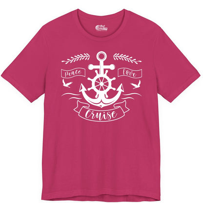 Peace Love Cruise Shirt - Nautical Theme Apparel for Vacation (Premium Tee) in Berry - Peace Love Cruise Shirt - Nautical Anchor and Wheel Line Art Design