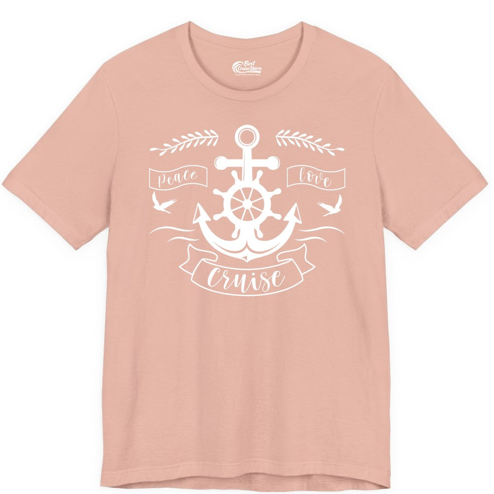 Peace Love Cruise Shirt - Nautical Theme Apparel for Vacation (Premium Tee) in Peach - Peace Love Cruise Shirt - Nautical Anchor and Wheel Line Art Design