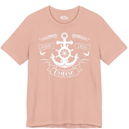 Peace Love Cruise Shirt - Nautical Theme Apparel for Vacation (Premium Tee) in Peach - Peace Love Cruise Shirt - Nautical Anchor and Wheel Line Art Design