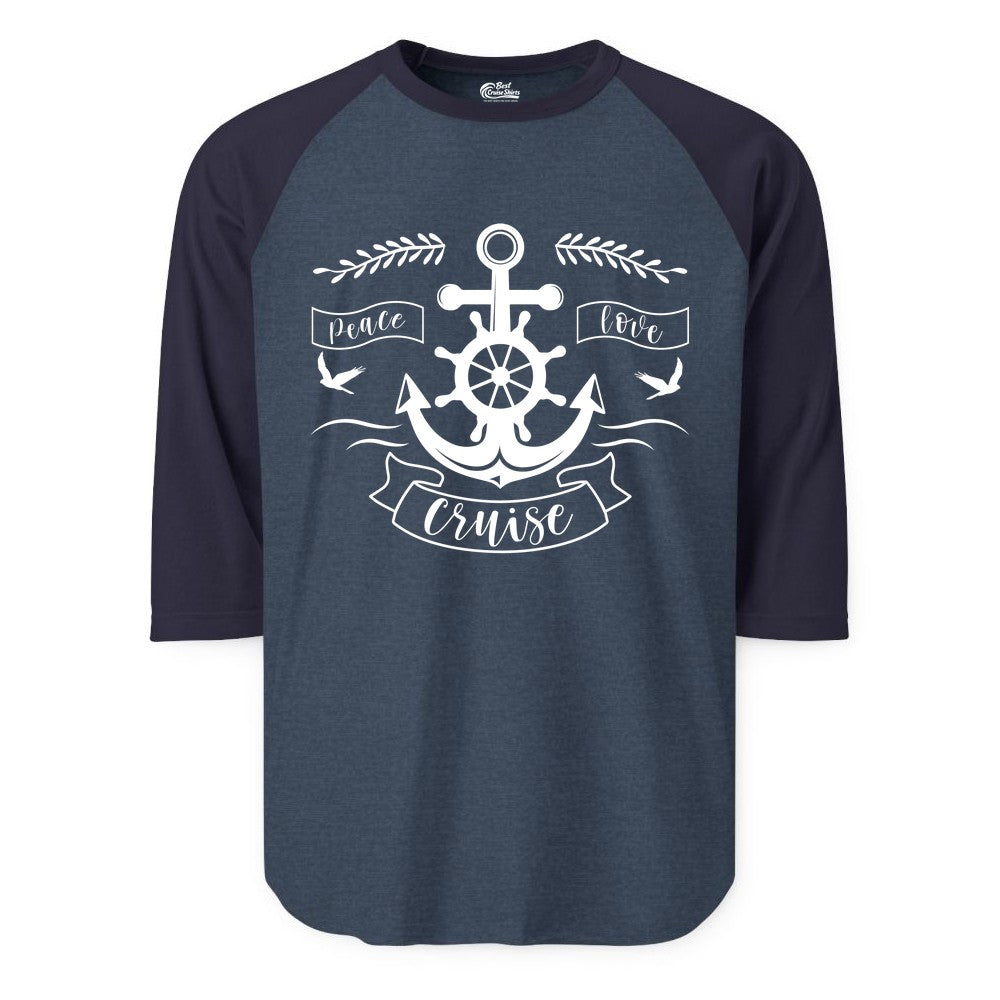 Peace Love Cruise Shirt - Nautical Theme Apparel for Vacation (Raglan) in Heather DenimNavy - Peace Love Cruise Shirt - Nautical Anchor and Wheel Line Art Design