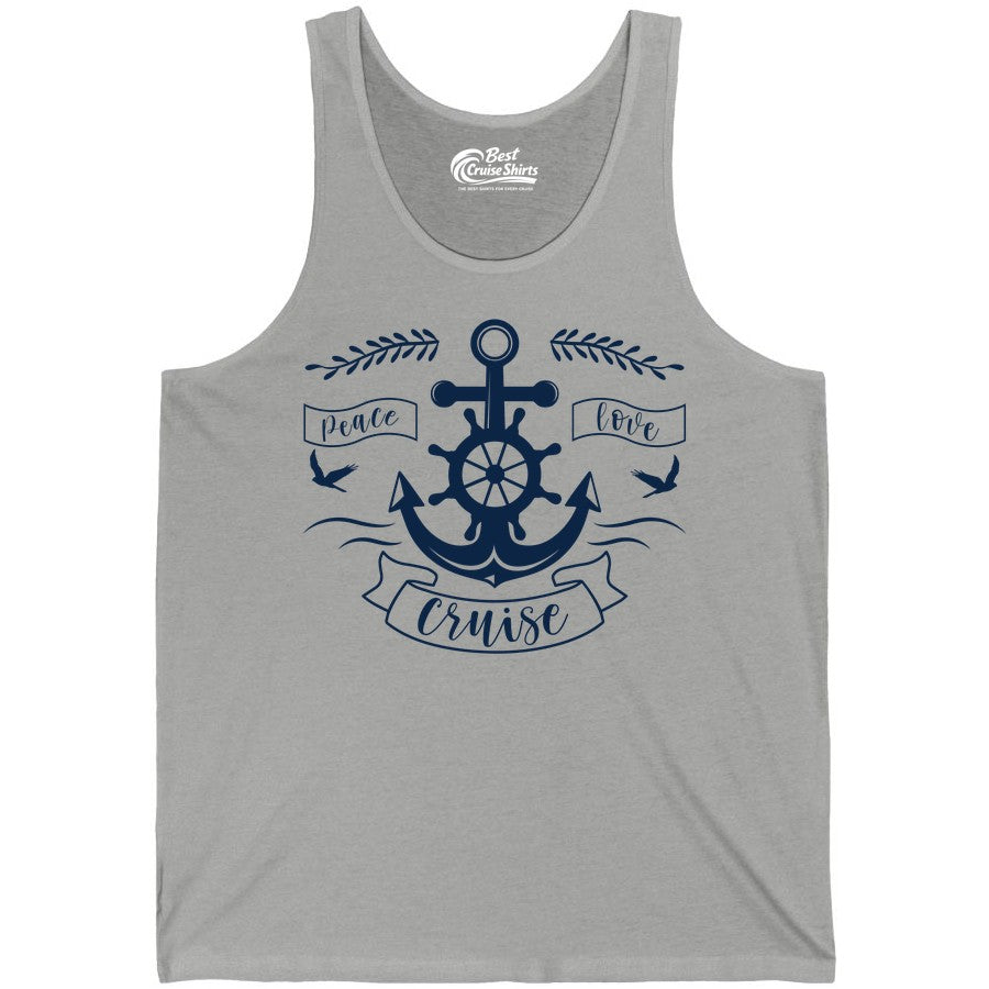 Peace Love Cruise Shirt - Nautical Theme Apparel for Vacation (Tank Top) in Athletic Heather - Peace Love Cruise Shirt - Nautical Anchor and Wheel Line Art Design